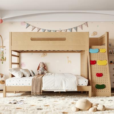 GREATPLANINC Solid Wood Bunk Bed with Climbing Wall Wardrobe Full-Length Guardrails