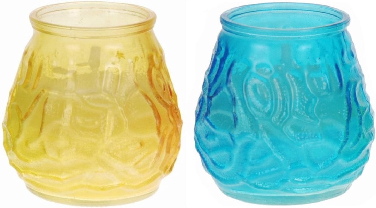 H&S Collection Windlicht geurkaarsen met citrusgeur - 2 stuks - geel/blauw glas - 48 branduren