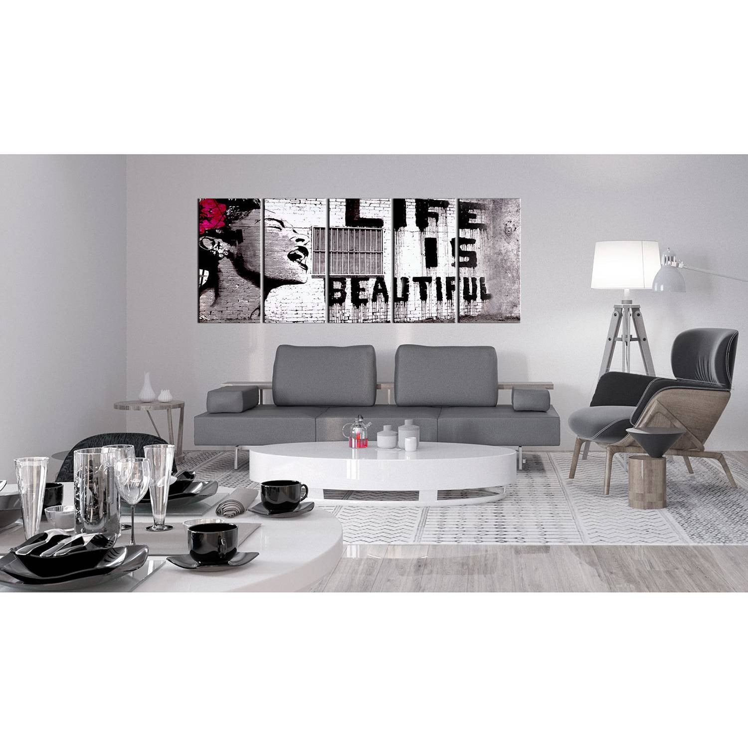 home24 Afbeelding Life is Beautiful Banksy Wanddecoratie van hout en textiel, Wit/Zwart, 225 x 90 cm