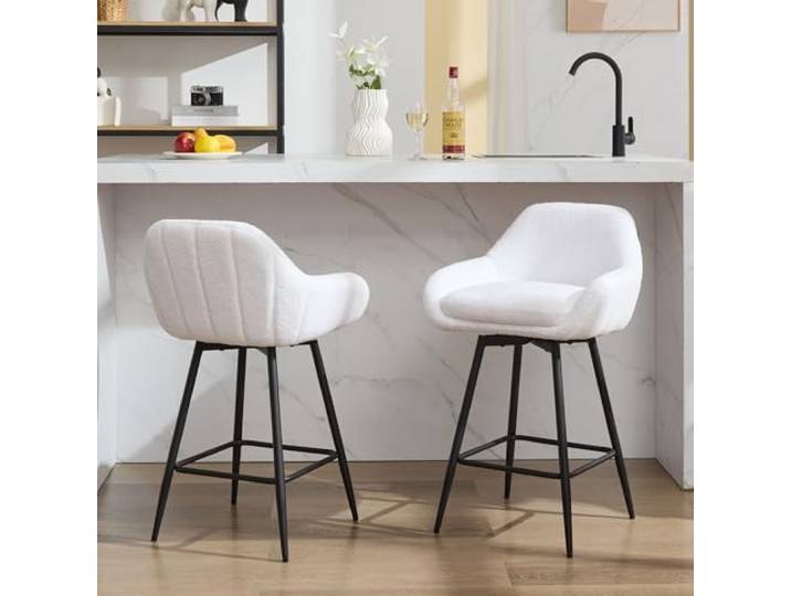 IDEALHOUSE 2er-Set Moderne Dreh-Barhocker mit Rückenlehne, 66 cm hoch, gepolstert in Teddybär-Velvet, Metallbeine für Kücheninsel oder Bar – Farbe: Weiß