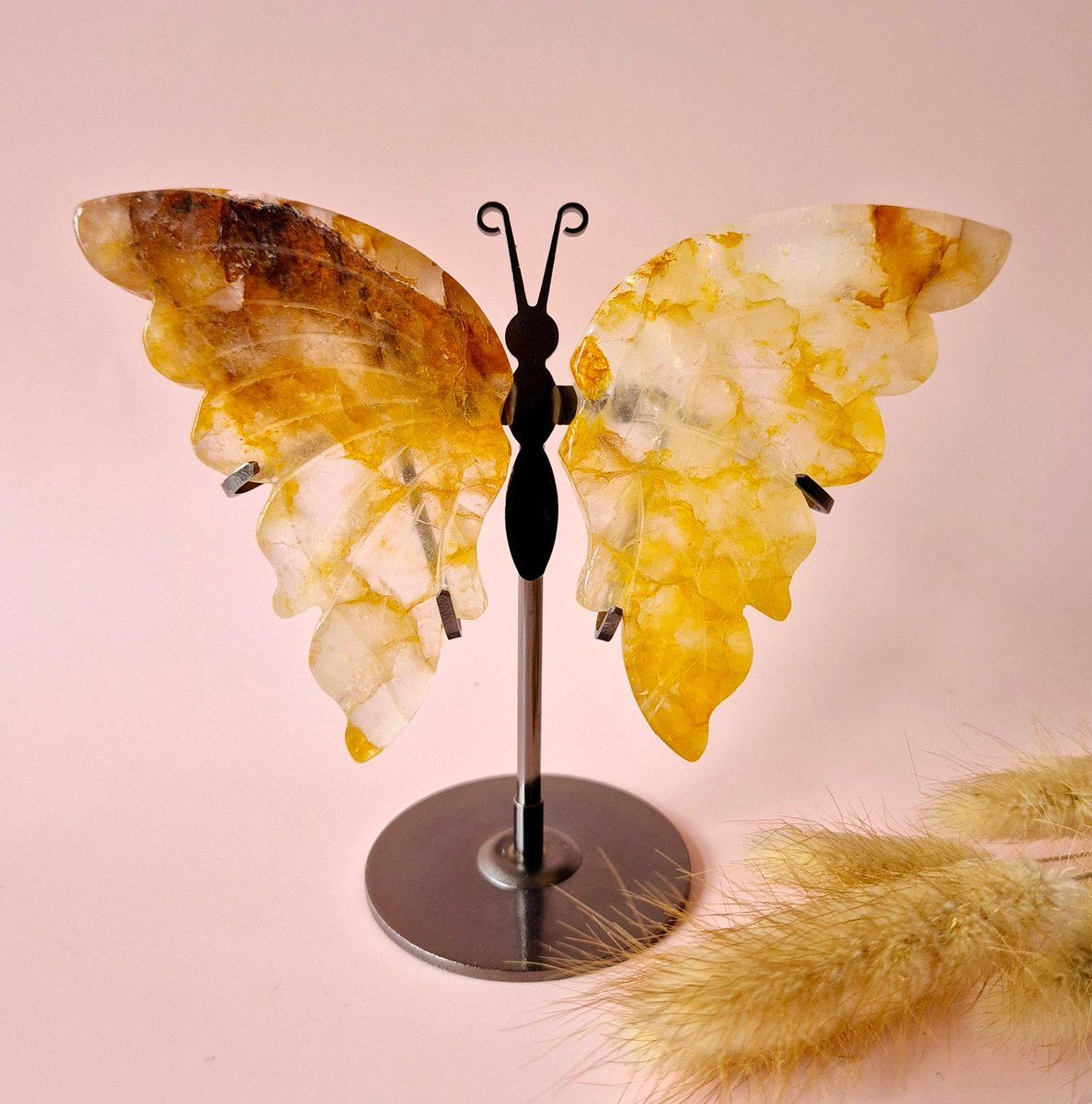 Golden Healer Butterfly Edelsteen Crystal Carving met Metalen Standaard