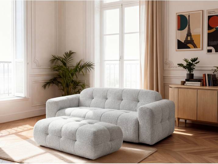 Canapé droit fixe 3 places LAURA tissu chiné avec grand pouf