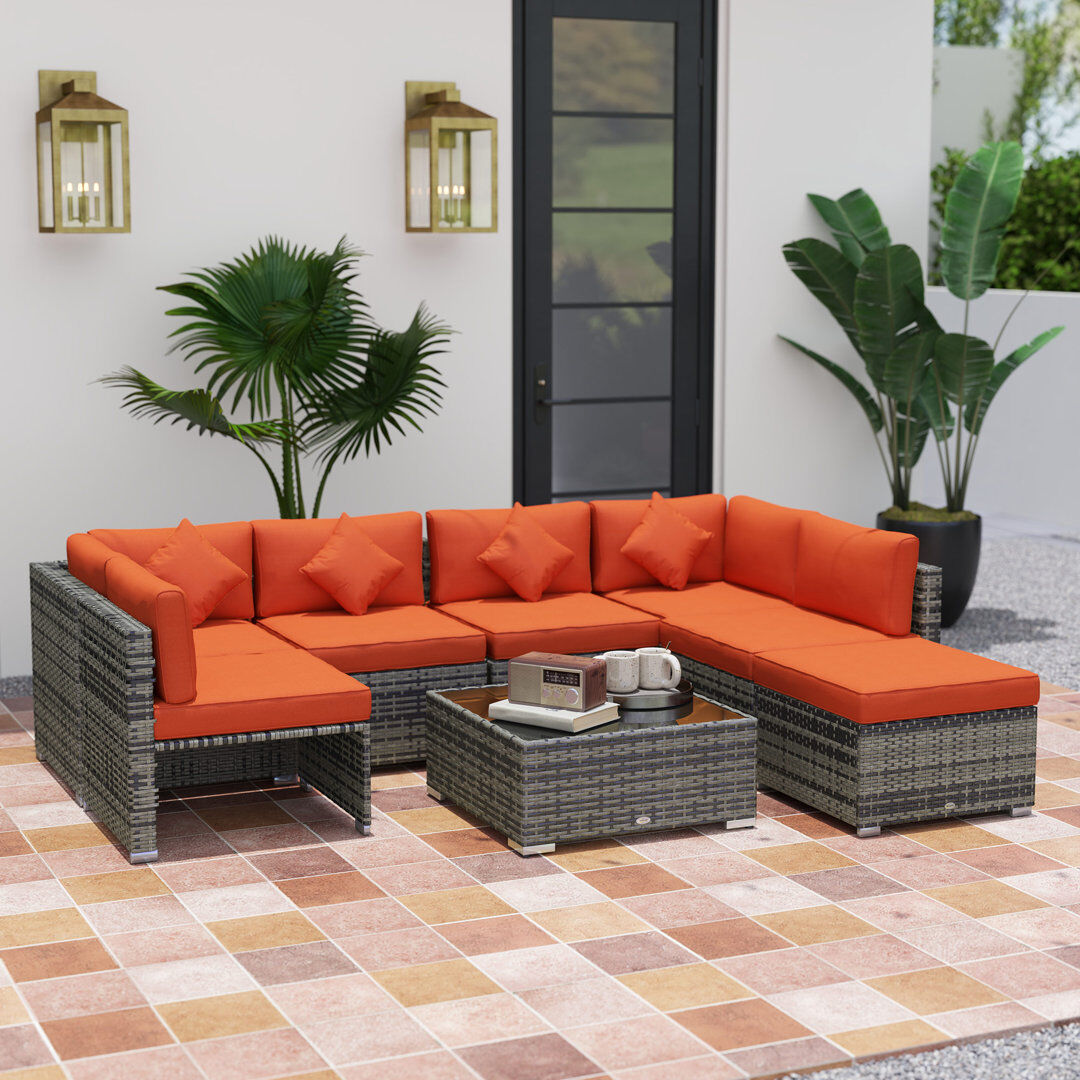 Outsunny 8 Pieces PE Rattan Corner Sofa Set Garden Furniture Set Orange Powder-Coated 7
