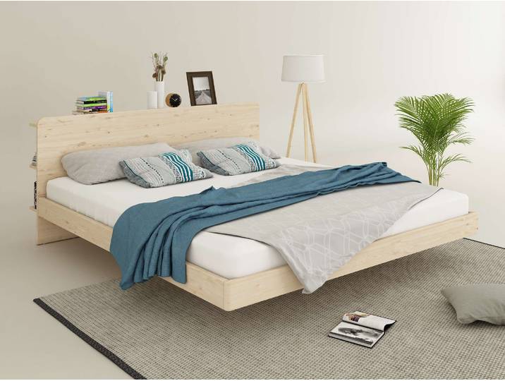 Massivholzbett GOODPRODUCT Amaliah Schwebebett, versteckte Regale hinter dem Kopfteil , beige (naturbelassen), B:186,8cm H:82cm, Betten, Massivholzbett, schwebender Effekt, mit Lattenrost, modernes Design, stabile Qualität