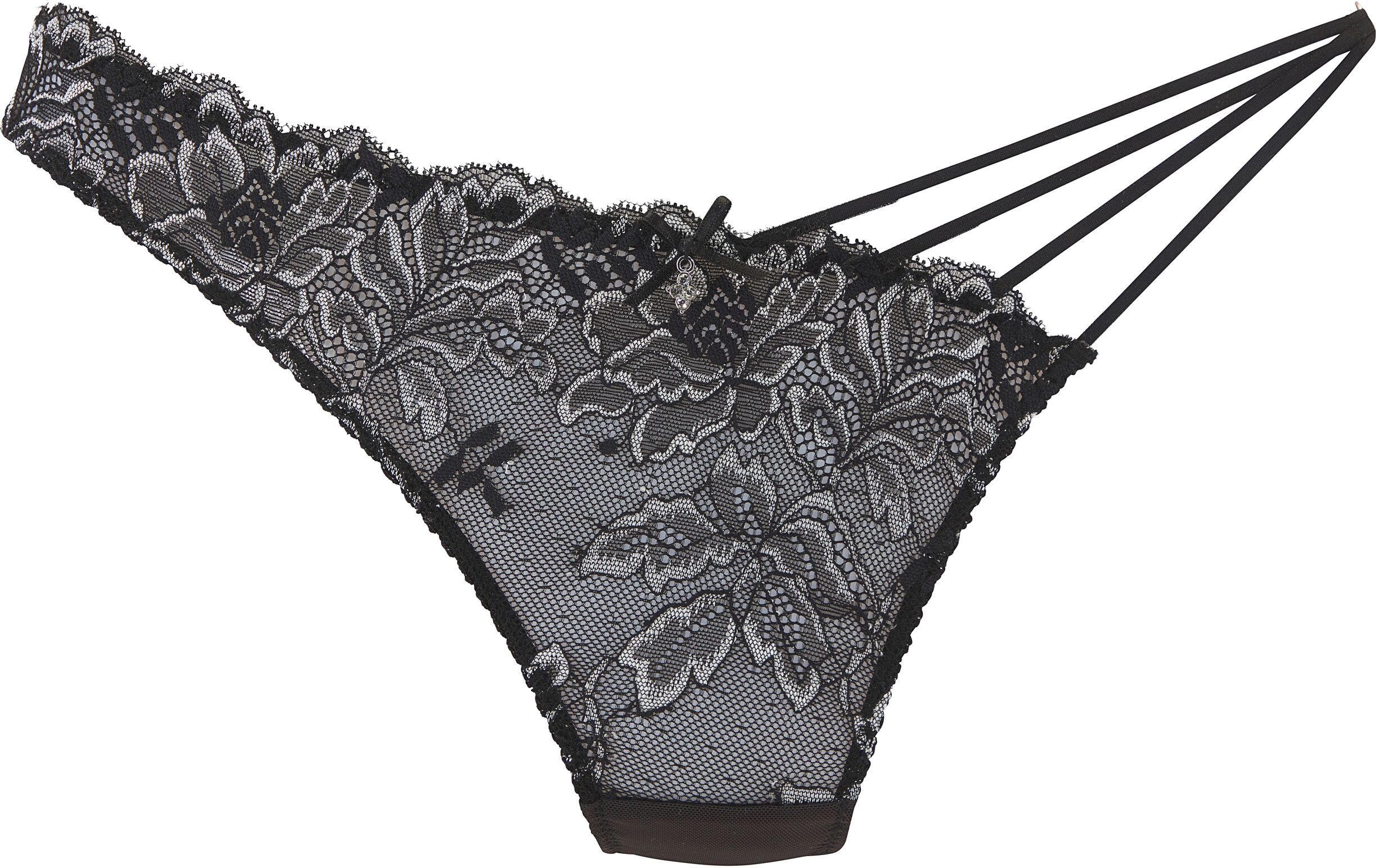 String LASCANA, Damen, Gr. 36/38, Spitze, schwarz (schwarz, silber), Spitze, Obermaterial: 82% Polyamid, 9% Elasthan, 9% Viskose, Unterhosen String, aus Spitze mit verführerischen Zierbändern, sexy Dessous