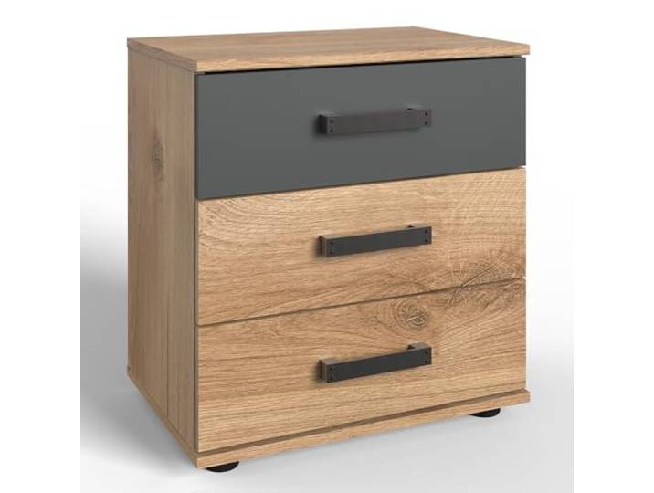Lomadox Schlafzimmer Nachtkommode Nachtschrank Nachttisch Nachtischschrank 3 Schubladen Industrial Stil Design Eiche Graphit 52x58x38 cm
