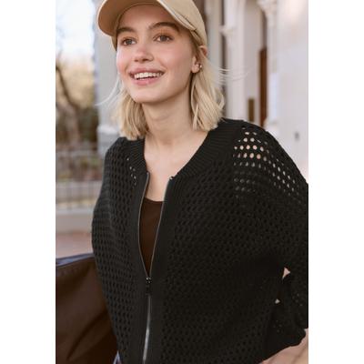 Cardigan STREET ONE STUDIO, Damen, Gr. 34, schwarz, Web, 60% Baumwolle, 40% Polyacryl, unifarben, comfort fit normal, Rundhals, Rippbündchen, Strickjacken, Grobstrick