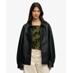 Superdry für Damen. W5012158A Übergroße Jacke aus Kunstleder mit Kragen schwarz (S), Lässig, Polyester