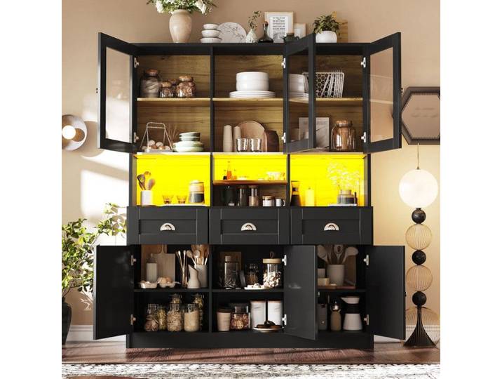 Bladez - Buffet de cuisine 140×40×175 cm Meuble de cuisine avec éclairage LED réglable et étagères réglables - Noir