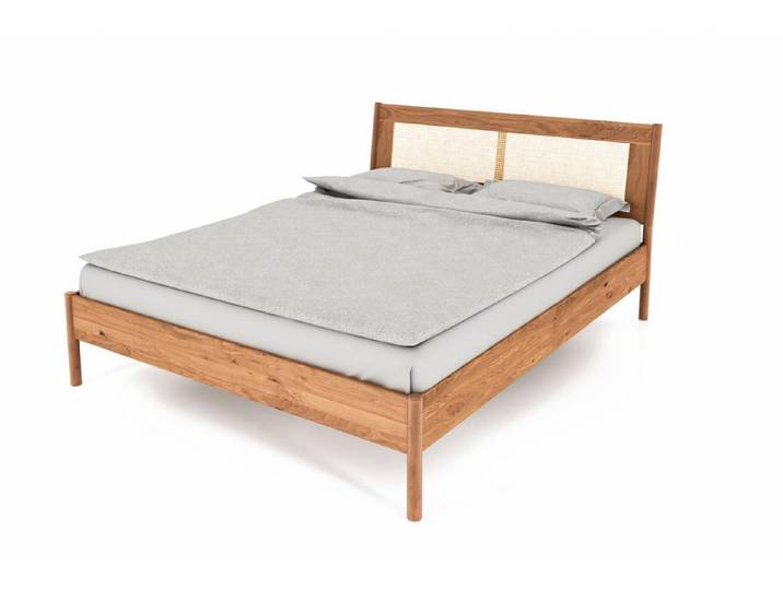 Natur24 Bett Bett Zola 2 Wildeiche massiv 180x200 mit Rattankopfteil und Holzbeinen