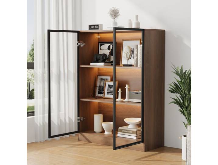 Vitrine - ZEVKOR - Vitrine en Verre avec LED - 2 portes - 3 étagères - Finition naturel noyer