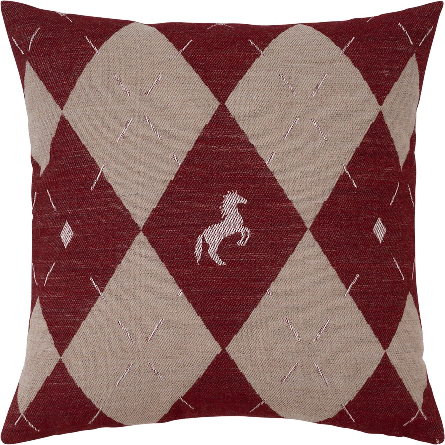 Dekokissen PAD "LUCKY", rot (bordeaux, gemustert), B:45cm L:45cm, Baumwolle, Polyacryl, Polyester, Dekokissen_Sitzkissen_Kissenhüllen, Pferdeglück im Karo-Design – Landhausstil mit Wiedererkennungswert