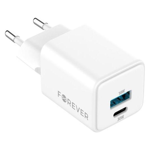 Forever TC-08-30AC GaN PD QC charger 1x USB-C 1x USB 30W white (30 W, 2 Ports) (54354625)