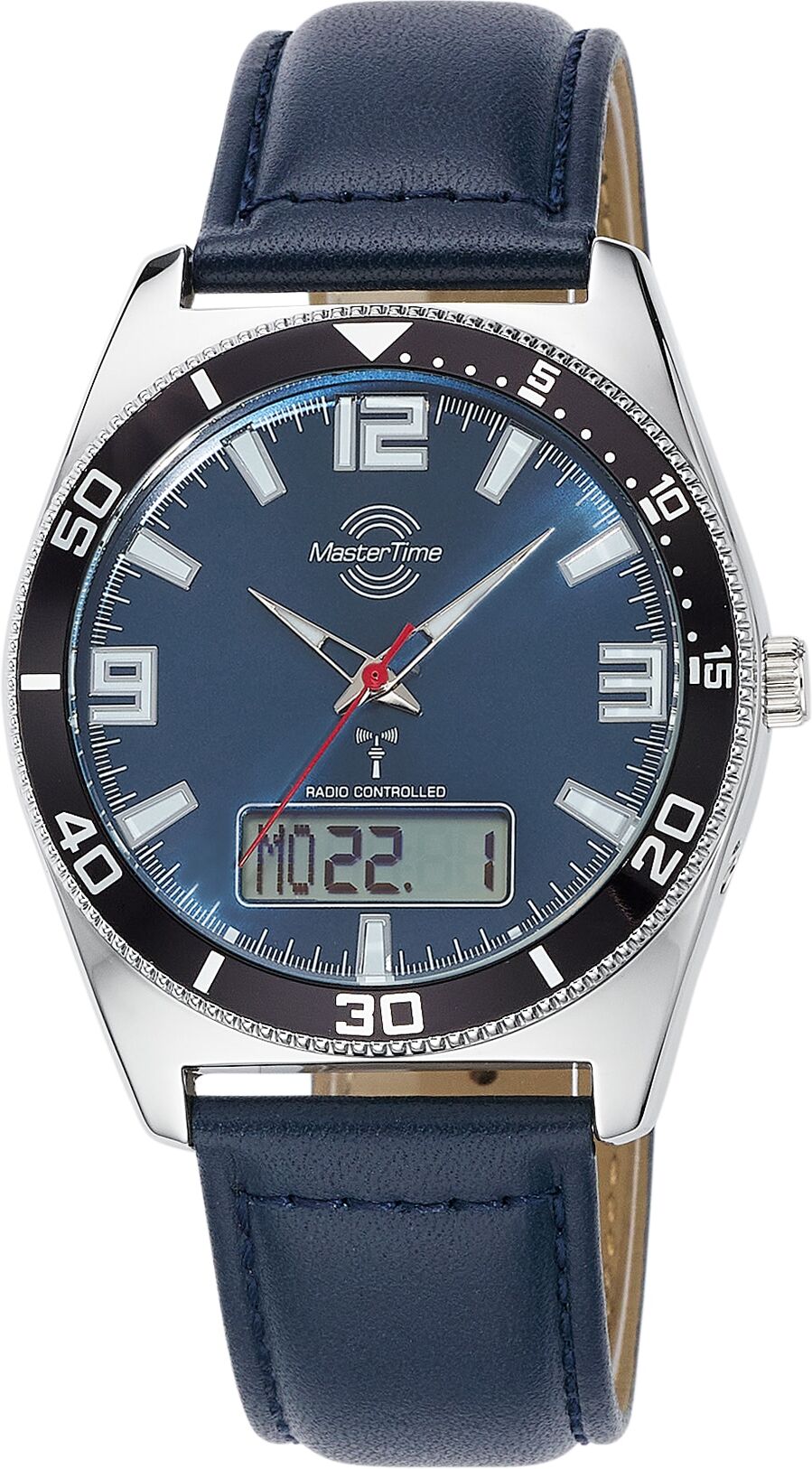 Funkchronograph MASTER TIME, blau (blau, blau), Armbanduhren, Herren, silberfarben, Funkchronograph, Quarzuhr, Armbanduhr, Herrenuhr, Lederarmband, analog, digital