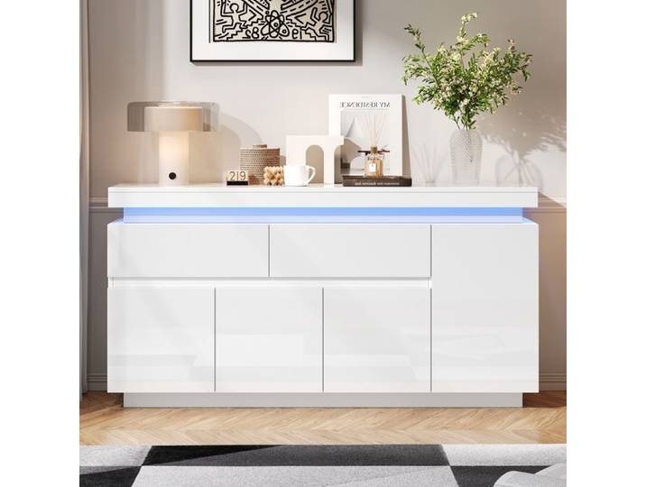Buffet - DREAMMESPACE - 140x35x72.5cm - 4 portes - Éclairage LED - Brillant blanc