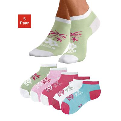 Sneakersocken H.I.S "Kurze bunte Damen Socken", Damen, Gr. 35-38, bunt (1x weiß, 1x pink, 1x hellgrün, 1x rosa, 1x hellblau), Baumwolle, Baumwollmischung, Elasthan, Polyamid, gemustert, elastisch, Socken Sneakersocken, im farbenfrohen Hawaii Design