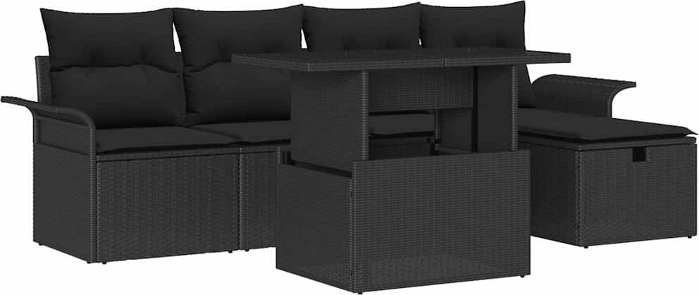 Modulares Garten-Sofa-Set, Outdoor, Poly Rattan & Akazienholz, Schwarz, 5 Sitzplätze, mit Kissen, Stauraum & Gartentisch aus Sicherheitsglas