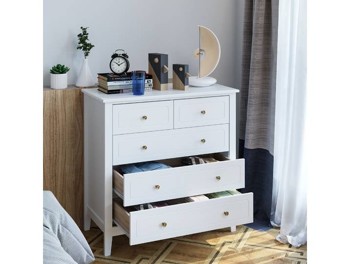 Getone Commode Chambre Adulte, Commode 5 Tiroirs, commode blanche, Meuble de Rangement, Armoire à Tiroirs, 80x40x80cm, Blanche
