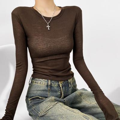 Daily Discovery Sheer Elegance Semi Sheer Long Sleeve Top For Women Crew Neck Fitted Long Sleeve Shirt coffe l