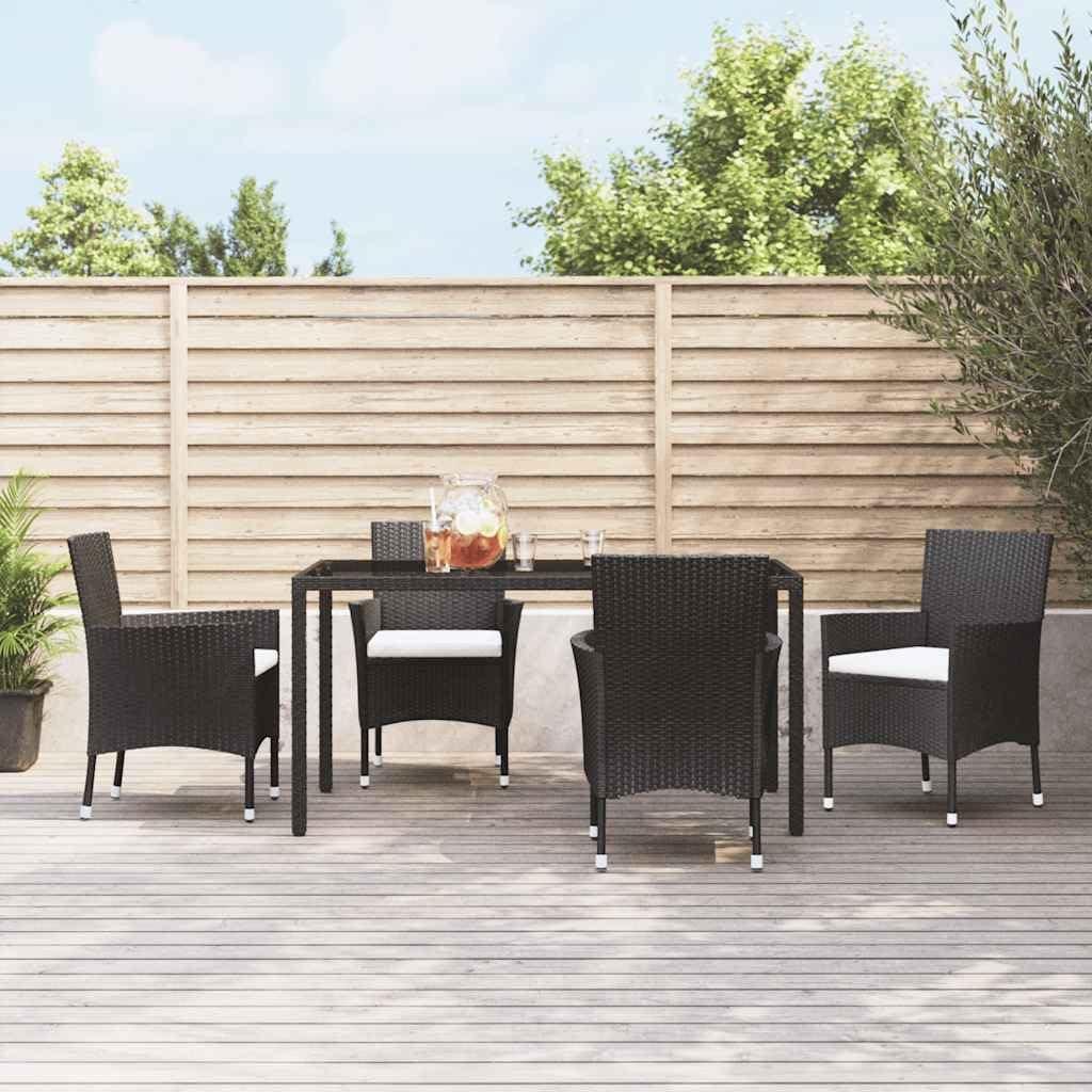 4 Gartenstühle aus schwarzem Polyrattan mit Kissen, Stahlrahmen mit Pulverbeschichtung, Rückenlehne und Armlehnen für Terrasse und Garten