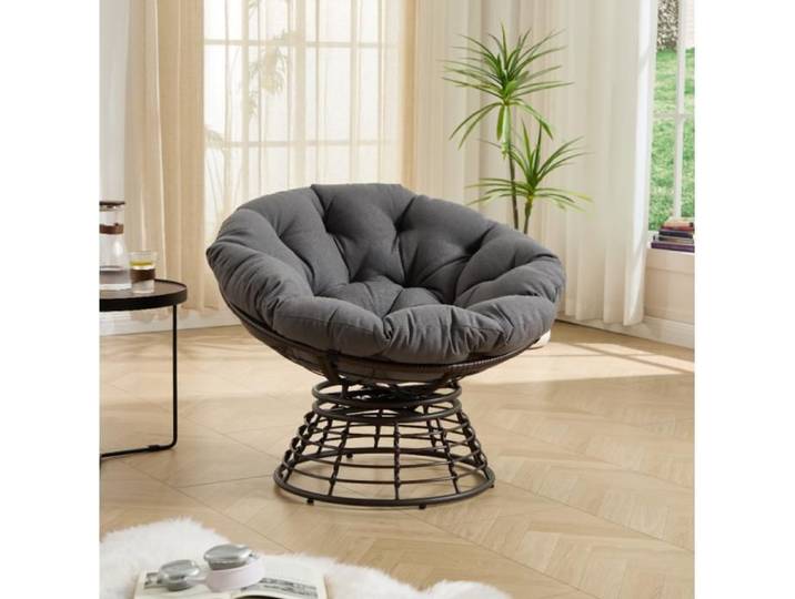 Fauteuil Papasan Pivotant 360° Confort avec Coussin Épais Intérieur & Extérieur Fauteuil Rond pour Jardin Terrasse Balcon gris