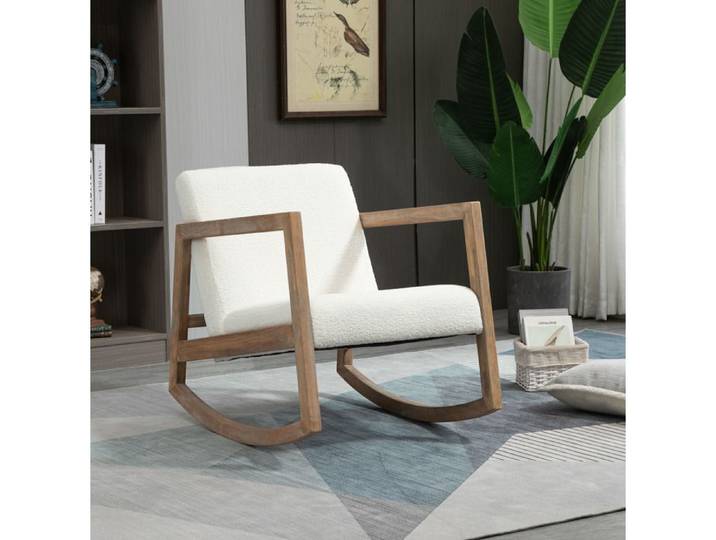 VUENOR Fauteuil à bascule relax en bois et polyester blanc crème rembourré 150 kg