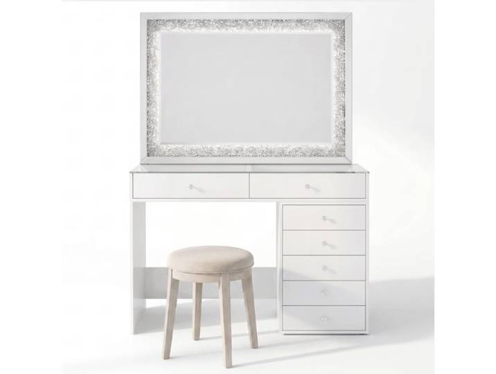 Coiffeuse Homeluxury avec miroir - Blanche Vitrée 120cm avec 7 tiroirs