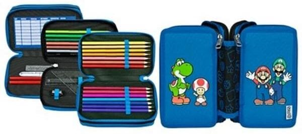 Federmäppchen SCOOLI "Tripledecker, Super Mario", Kinder, blau (super mario), Polyester, Schreibgeräteetuis Federmäppchen, befüllt, inklusive Geodreieck super mario Einheitsgröße