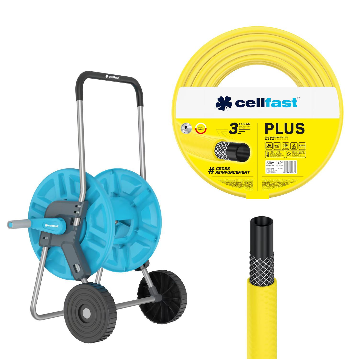 Cellfast Aluplus Slangwagen met 60 meter 1/2 inch slang en Cellfast Plus Tuinslang 50 meter 1/2 inch