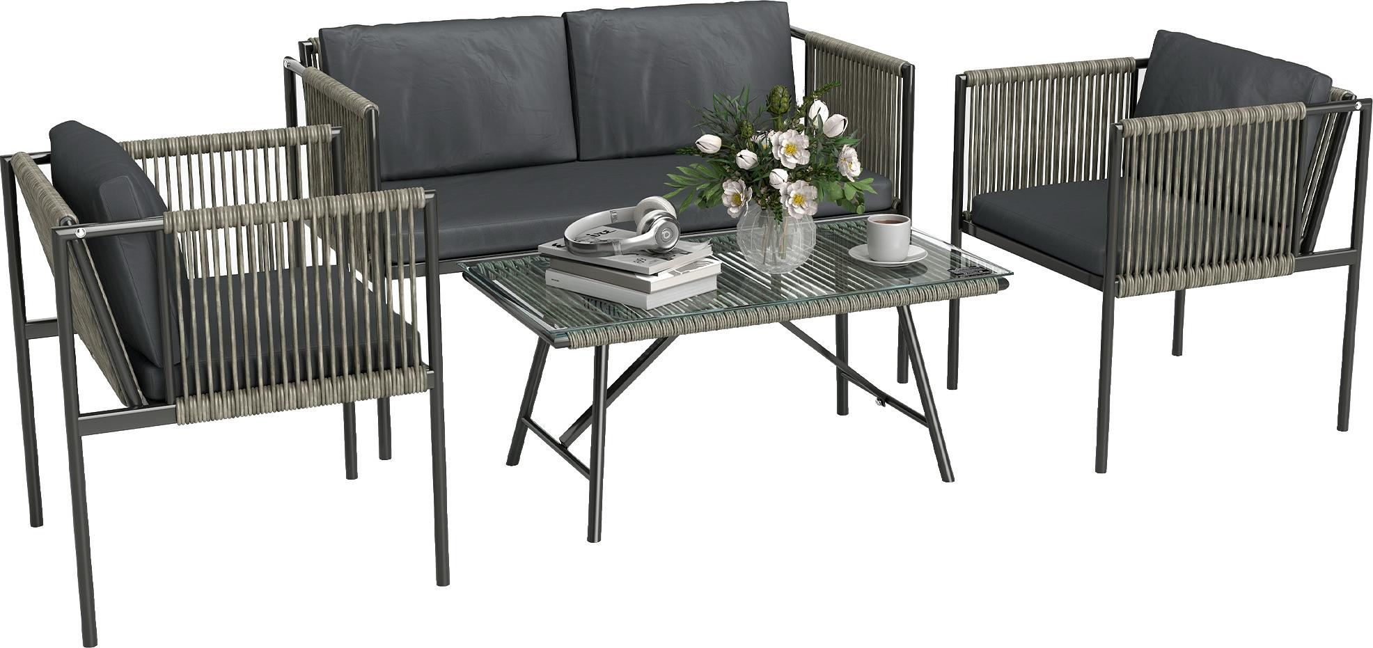 4-teiliges Gartenmöbel-Set, 1 Sofa, 2 Sessel, 1 Tisch mit Glasplatte, Kissen, Stahlrahmen, Kunststoff-Rattan, Grau