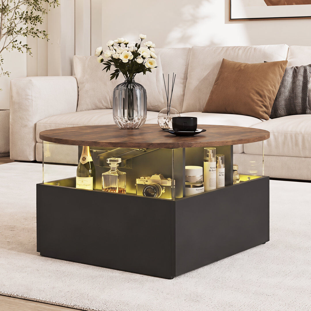 Metro Alpena 80cm Round Coffee Table with 2 Drawers and LED Lighting Rustic Brown/Black 40cm H X 80cm W X 80cm D