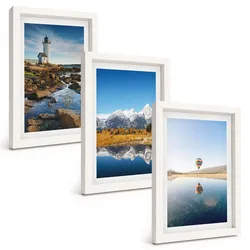 BILDER SET 3er Set - 20x30 cm Weißer Rahmen - Naturansichten, Leuchtturm, Berge, Ballonfahrt