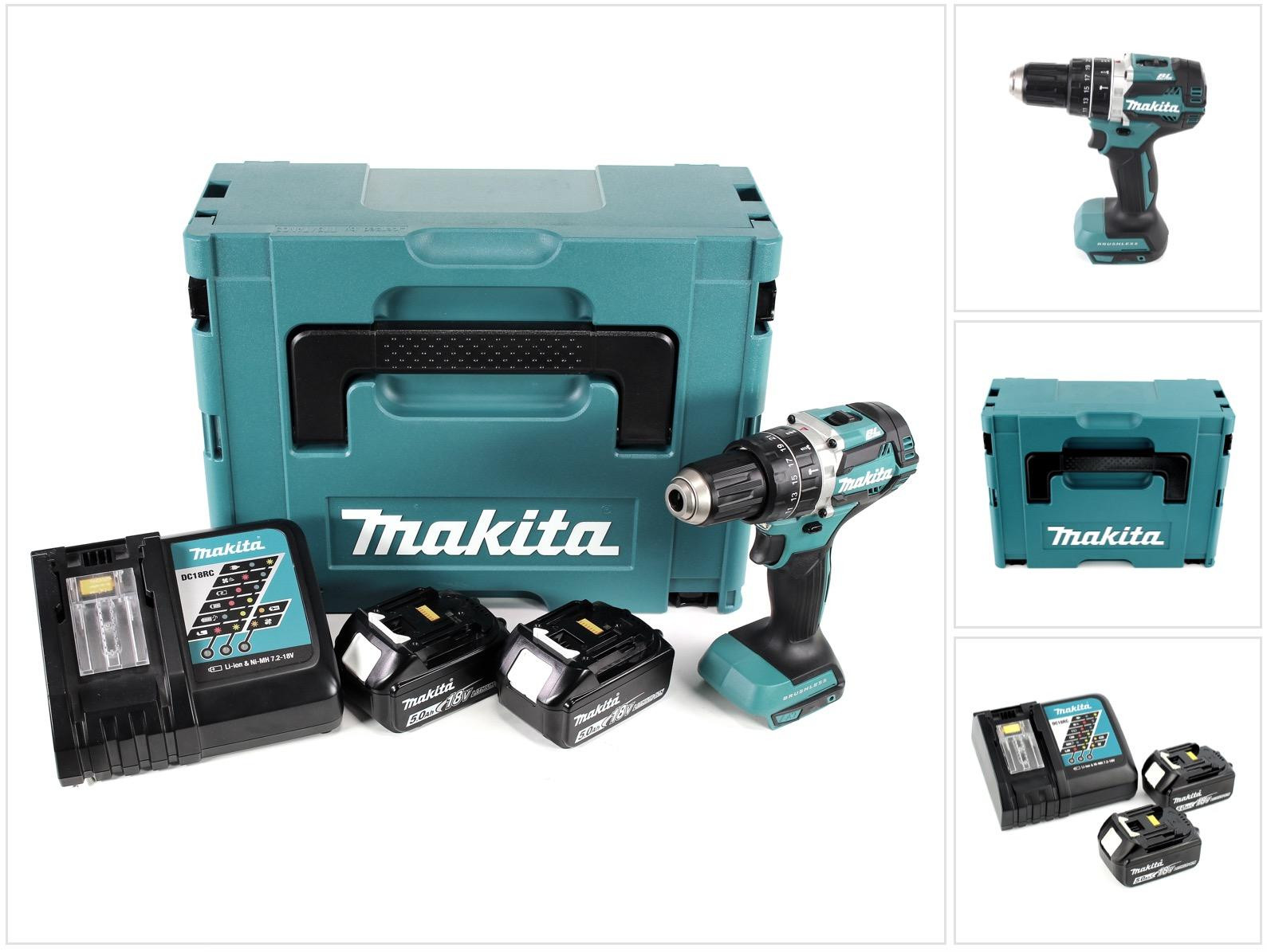 Makita DHP 484 RTJ 18V Brushless Li-Ion klopboormachine in Makpac met 2x BL 1850 B 5.0 Ah accu en DC18RC lader