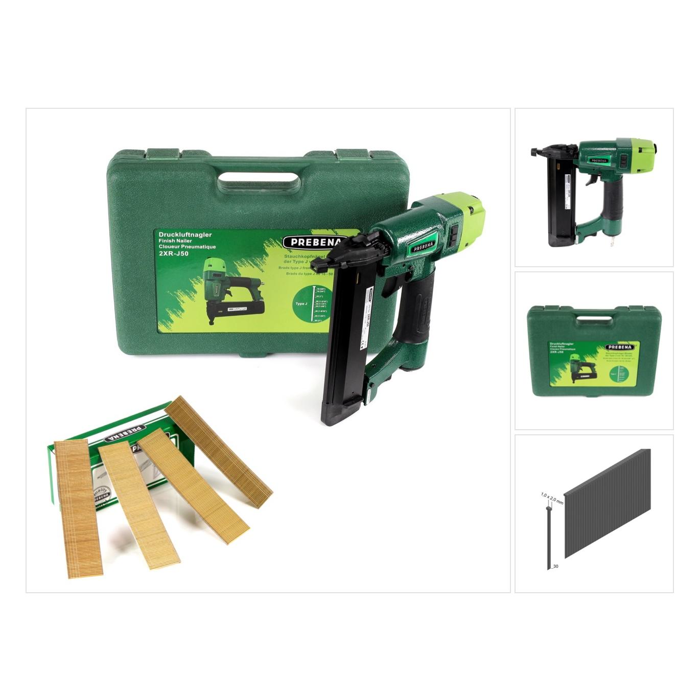 Prebena 2XR-J50 Druckluftnagler im Transportkoffer + 5000x Stauchkopfnägel Brads 30mm - aus verzinkt (2XR-J50)