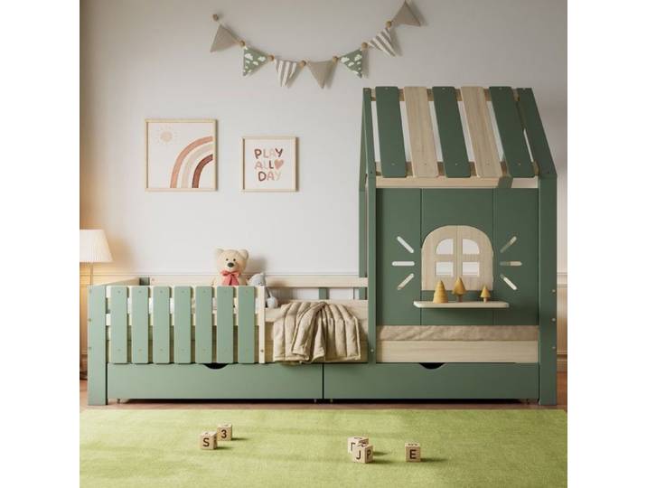 Lit enfant - PAGE LIVING - Lit maison 90x200 - 2 tiroirs - Bois (pin & MDF) - Vert/naturel