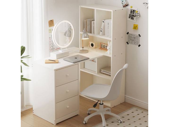 Meuble bureau d'angle - ZEVKOR - Bureau d'angle avec étagère intégrée - 3 tiroirs - 4 étagères ouvertes - Blanc