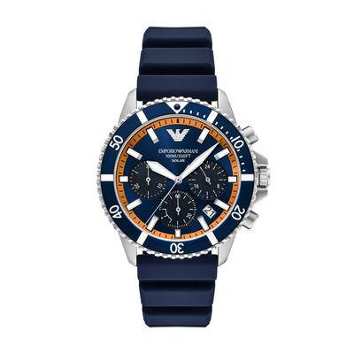 Chronograph EMPORIO ARMANI "WORLD EXPLORER", orange (dunkelblau, orange), Armbanduhren, Herren, Chronograph, Armbanduhr, Solar, Herrenuhr, Silikonarmband, analog, Tag