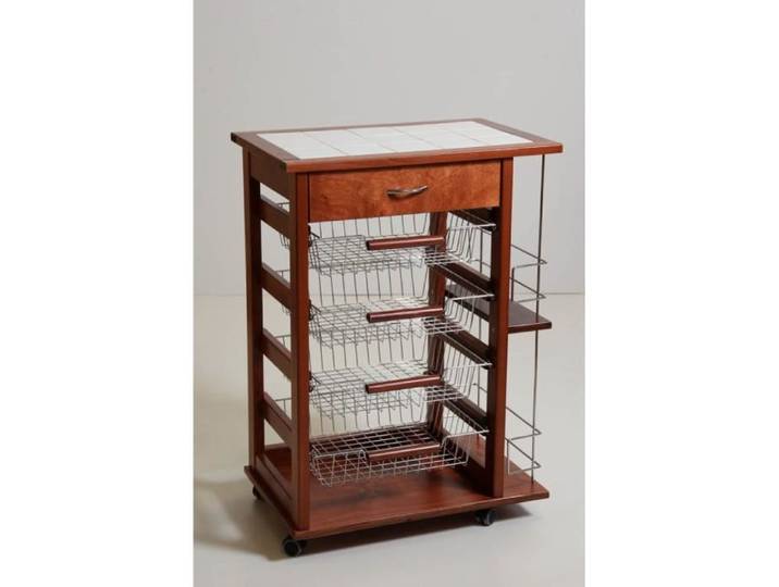 Chariot de cuisine en bois de hêtre avec tiroir et porte-bouteille - CERISIER