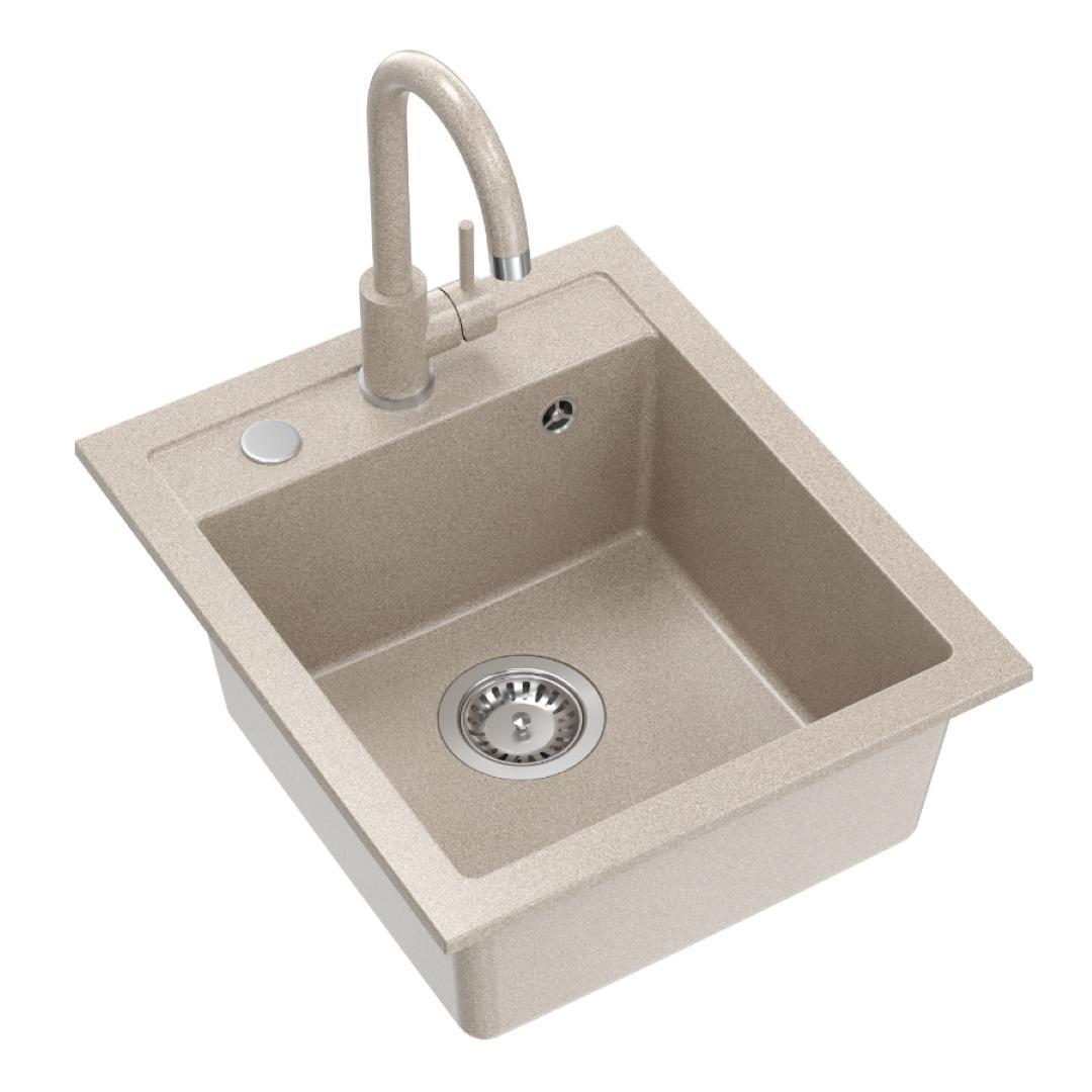 QUADRON Spülbecken Granitspüle Küche | Größe: 43x50x20 cm, Farbe: River Sand | JOHNNY 100 Küchenspüle Einbeckenspüle Set: Granitspüle + Küchenarmatur + manuell Siphon
