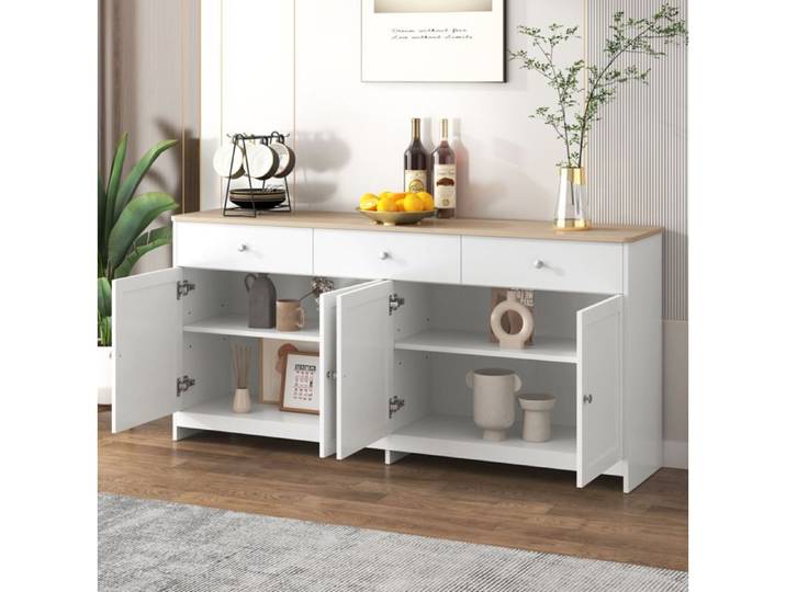 Buffet campagnard blanc et décor bois 4 portes et 3 tiroirs