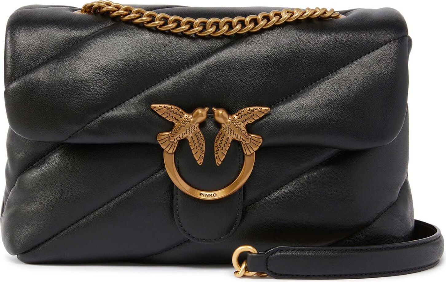 PINKO Leder Umhängetasche Schultertasche Love Puff Classic CL Sheep Nappa Black - Antique Gold schwarz
