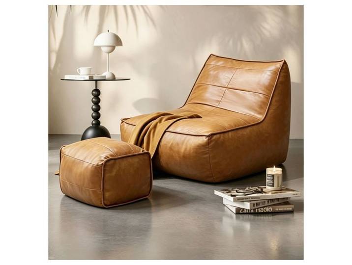 Fauteuil pouf chenille avec ottoman marron