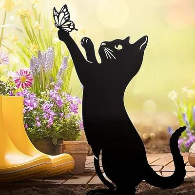 Katzen-Silhouette-Statue aus Metall, Eisen, schwarzer Katzenpfahl, Tier-Bodenstecker, Dekoration, Kunsthandwerk, Hof, Gartenkunst, Schilder für Katzenliebhaber, Geschenke für Rasen, Bauernhof,