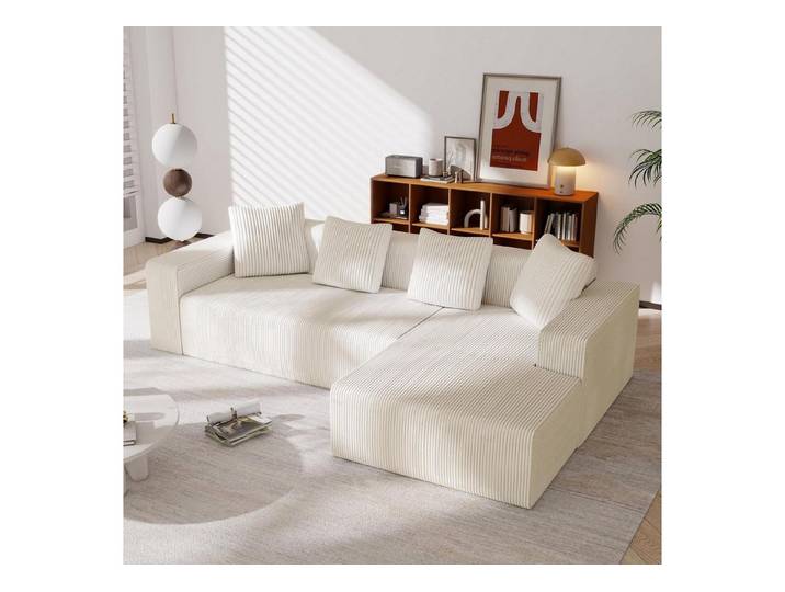 LuxusKollektion Wohnlandschaft Sofa 3er L Corduroy 4 Kissen Wohnzimmer Schlafzimmer Weiß