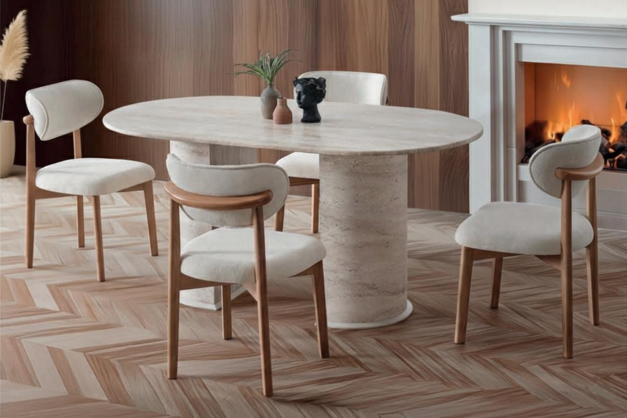 AEA Design eettafel met 4 gestoffeerde stoelen