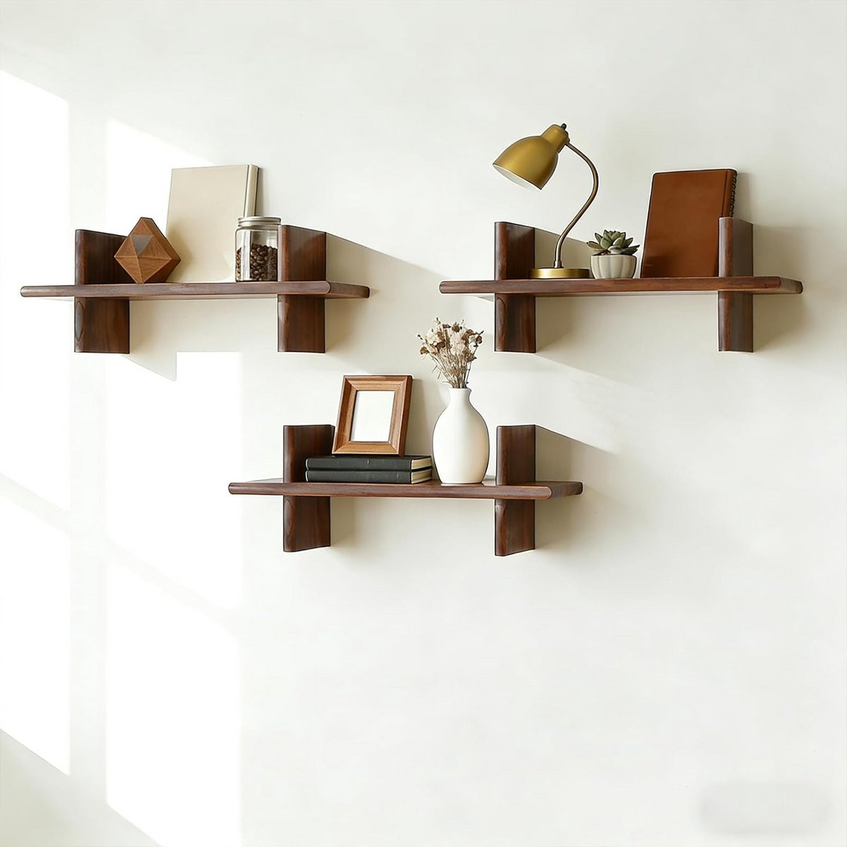 Set van 3 Zwevende Houten Wandplanken - Massief en Modern Wandrek voor Opslag