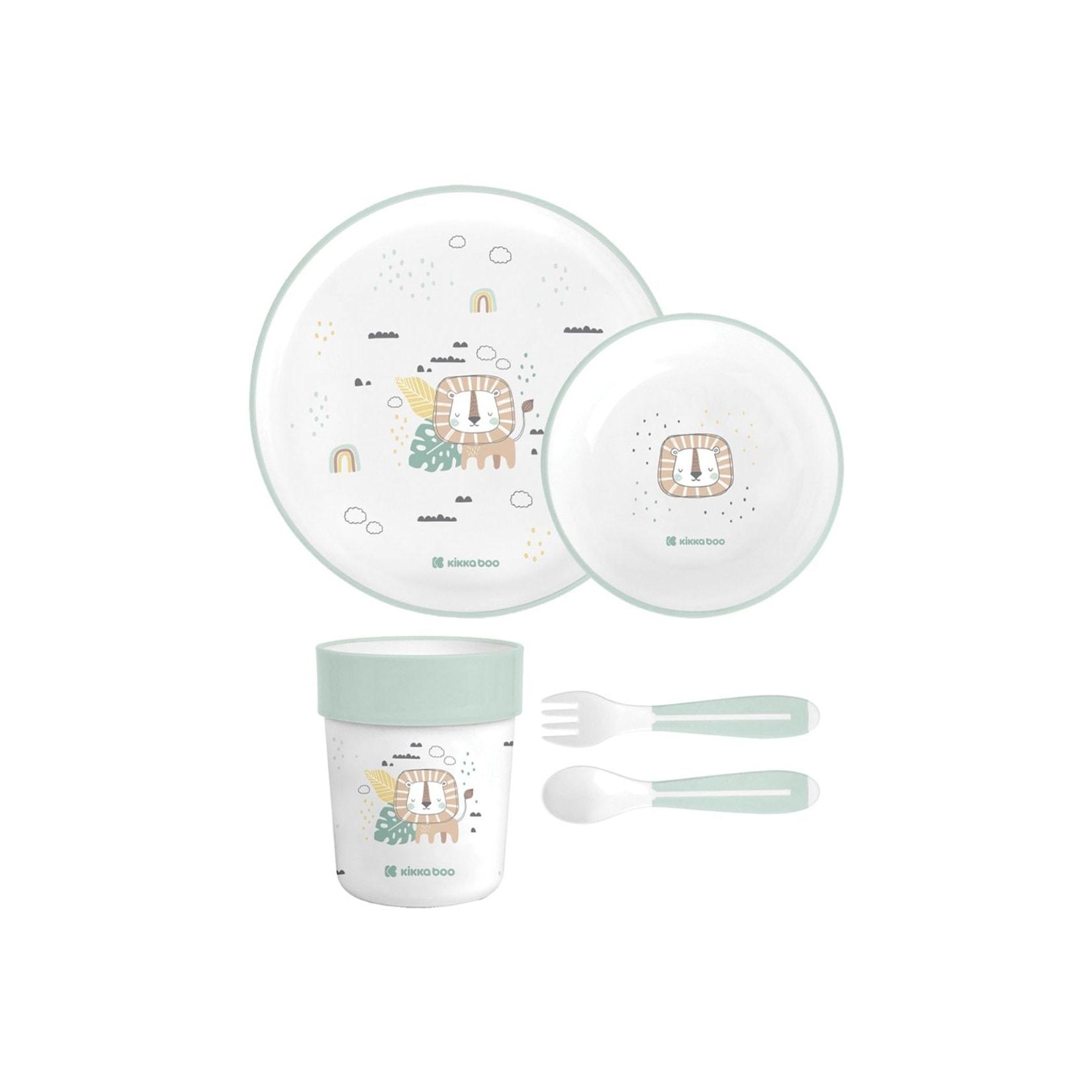 Kikkaboo Kindergeschirr Set Savanna 5-teilig Tiermotiv, Schale, Teller, Besteck hellgrün