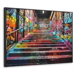 LEINWAND Bilder mit Rahmen - Treppe - Graffiti - Farben - Kunst - 100x70