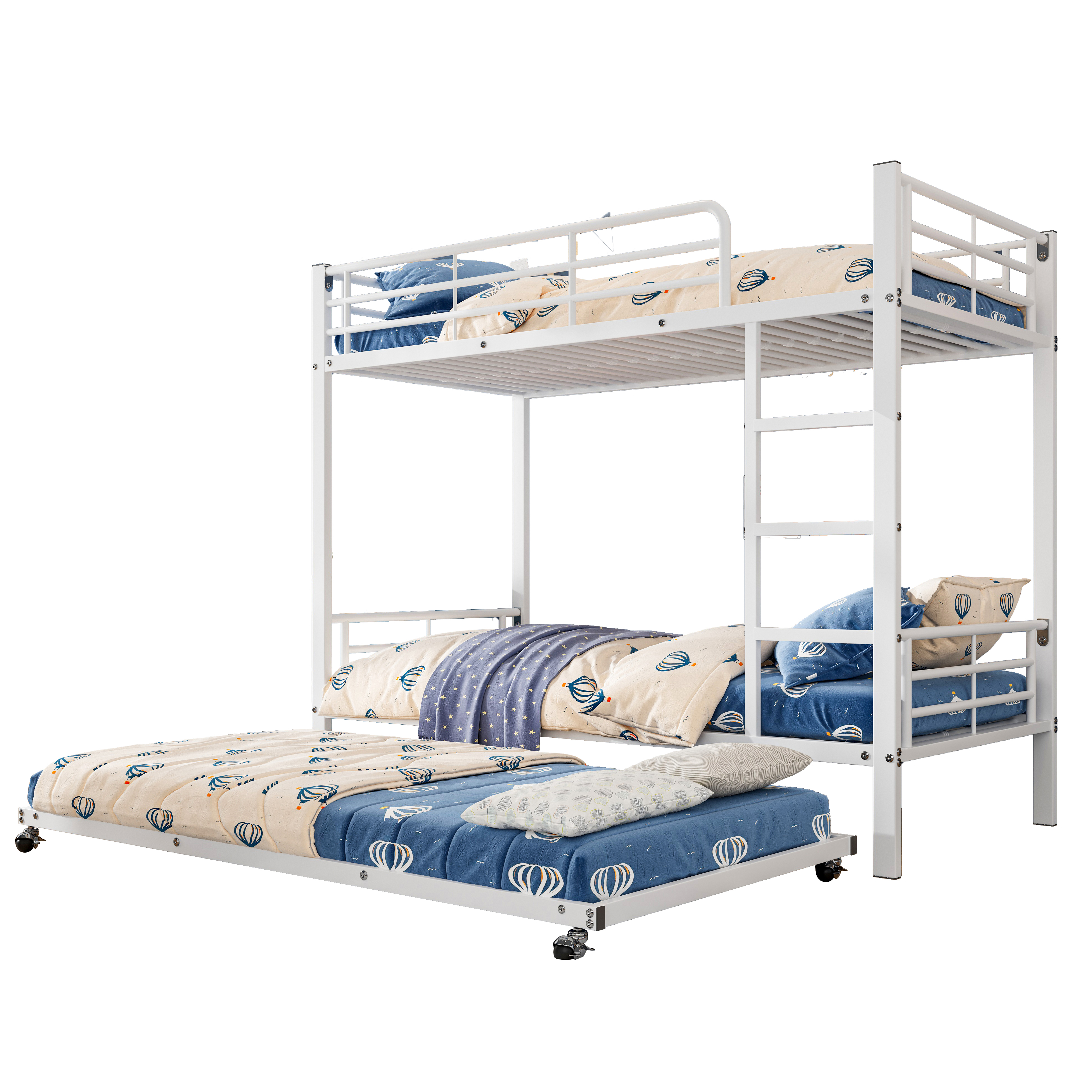 Eisenbett, Etagenbett, Geeignet für Kinder und Jugendliche, mit Ausziehbett, vier Seitengitter am oberen Bett, Eisen, 90x200cm&90x190cm,