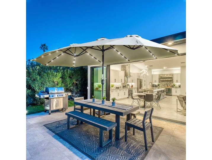 Outsunny Parasol Double 4,5m LED Solaire Gris Clair Noir